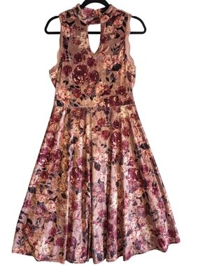 Coco + Jaimeson Velvet Floral Sleeveless Dress A-line Flare Sz M Pink
